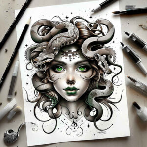 mythic-legend – tattoo design ideas free ai generated – chilling – for-shin – Gallery: medusa-inkby-ai