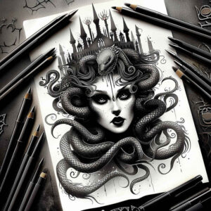 mythic-power – tattoo design ideas free ai generated – deep-shadows – for-upper-arm – Gallery: medusa-inkby-ai