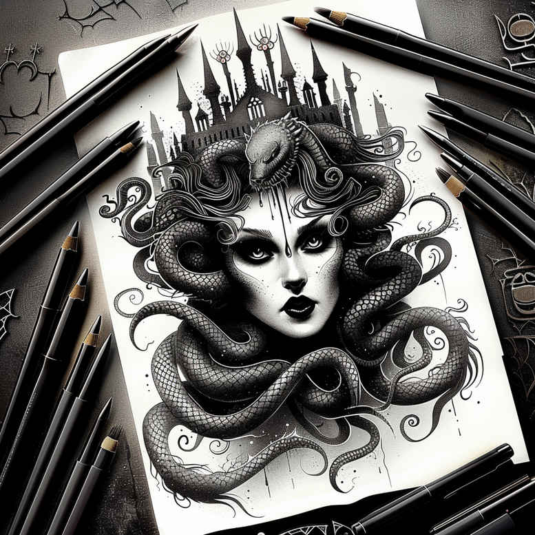 mythic-power – tattoo design ideas free ai generated – deep-shadows – for-upper-arm – Gallery: medusa-inkby-ai