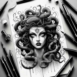 medusa-mask-neotraditional-refined-lines-for-calf – tattoo design ideas free ai generated – Gallery: medusa-inkby-ai