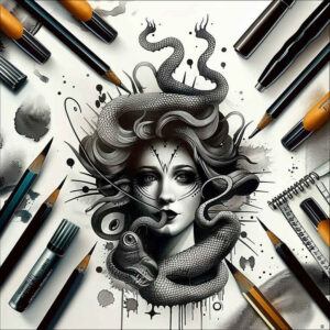 mythical-horror-tattoo – tattoo design ideas free ai generated – spooky – for-behind-ear – Gallery: medusa-inkby-ai