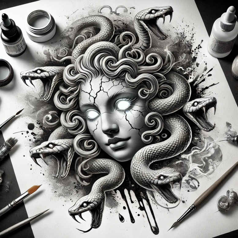 mythical-monster-tattoo – tattoo design ideas free ai generated – gloomy – for-nape – Gallery: medusa-inkby-ai
