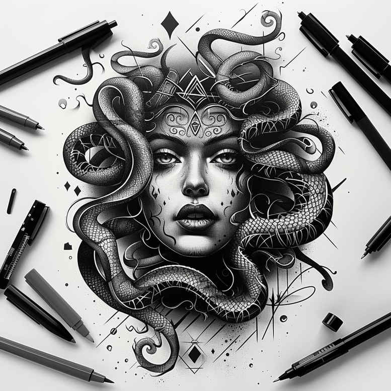 mythological-curse-tattoo-neotraditional-artistic-contrast-for-biceps – tattoo design ideas free ai generated – Gallery: medusa-inkby-ai