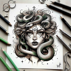 mythological-gorgon – tattoo design ideas free ai generated – dripping – for-calf – Gallery: medusa-inkby-ai