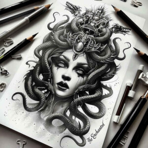 snake-haired-monster – tattoo design ideas free ai generated – distorted – for-outer-arm – Gallery: medusa-inkby-ai