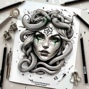 stone-gaze – tattoo design ideas free ai generated – bleeding – for-shoulder – Gallery: medusa-inkby-ai