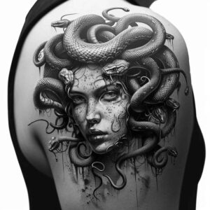 medusa tattoo design ideas Surrealism imperfect symmetry dark aura for sternum