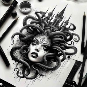 medusa tattoo design ideas Realism precise gradient dark beauty for neck