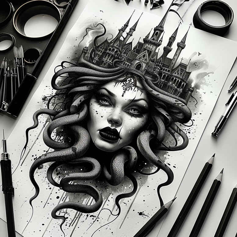 medusa tattoo design ideas Realism smooth gradients dark for upper back
