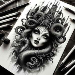 medusa tattoo design ideas Realism soft focus fearsome for calf