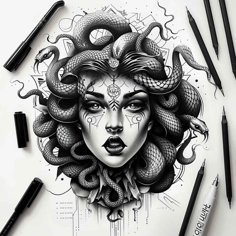 medusa tattoo design ideas Surrealism translucent layers gothic for collarbone