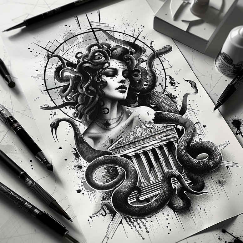 medusa tattoo design ideas line-art mythical creature for palm