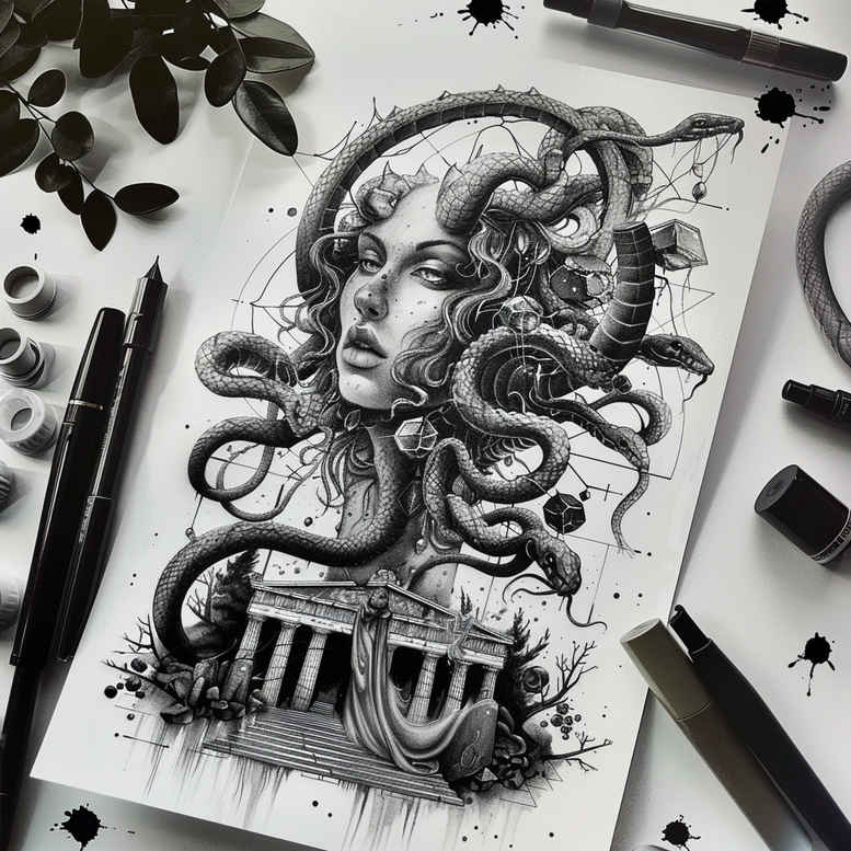 medusa tattoo design ideas sharp-focus serpentine hair symbolising endurance