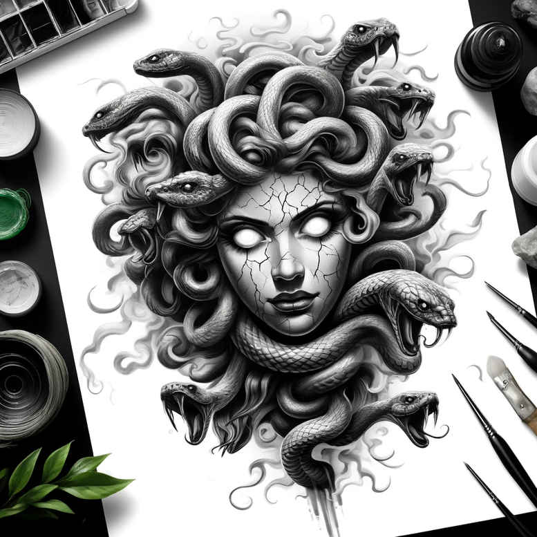 medusa tattoo design ideas Surrealism ghostly shapes sharp eyes determination and power