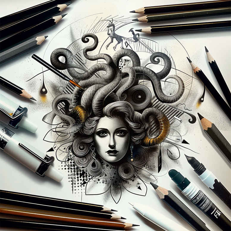 medusa tattoo design ideas Surrealism abstract forms sharp eyes symbol of strength