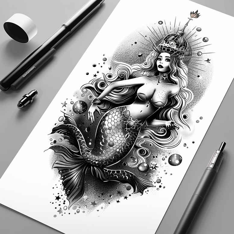 mermaid-geometric-tattoo – tattoo design ideas free ai generated – realism-moist-effect – for-back-shoulder – Gallery: mermaids-inkby-ai
