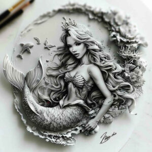 mermaid-magic-tattoo – tattoo design ideas free ai generated – realism-mirrored-effect – for-lower-chest – Gallery: mermaids-inkby-ai