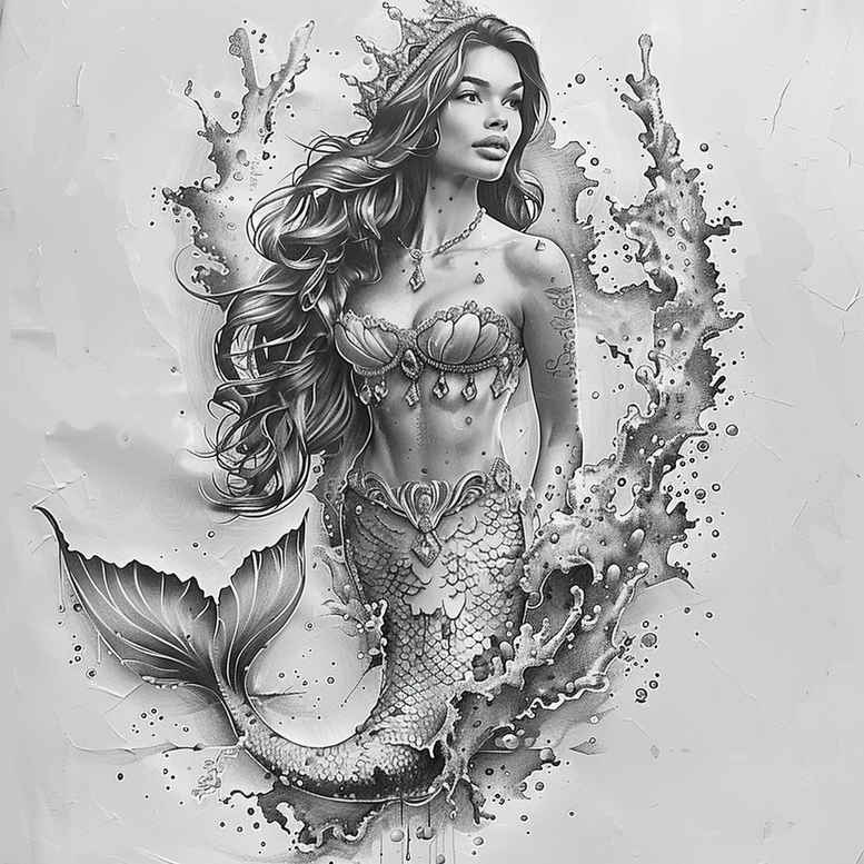 mermaid-nature-tattoo – tattoo design ideas free ai generated – realism-balanced-light – for-lower-leg – Gallery: mermaids-inkby-ai
