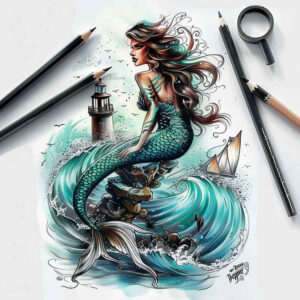 mermaid-with-shading-neotraditional-clean-contrast-for-side – tattoo design ideas free ai generated – Gallery: mermaids-inkby-ai