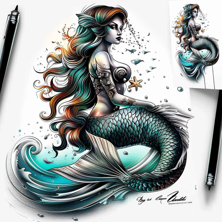 mermaid-mythical-tattoo-realism-light-play-for-neck – tattoo design ideas free ai generated – Gallery: mermaids-inkby-ai