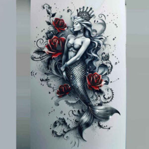 mermaid-symbolic-tattoo – tattoo design ideas free ai generated – surrealism-visionary – for-upper-thigh – Gallery: mermaids-inkby-ai