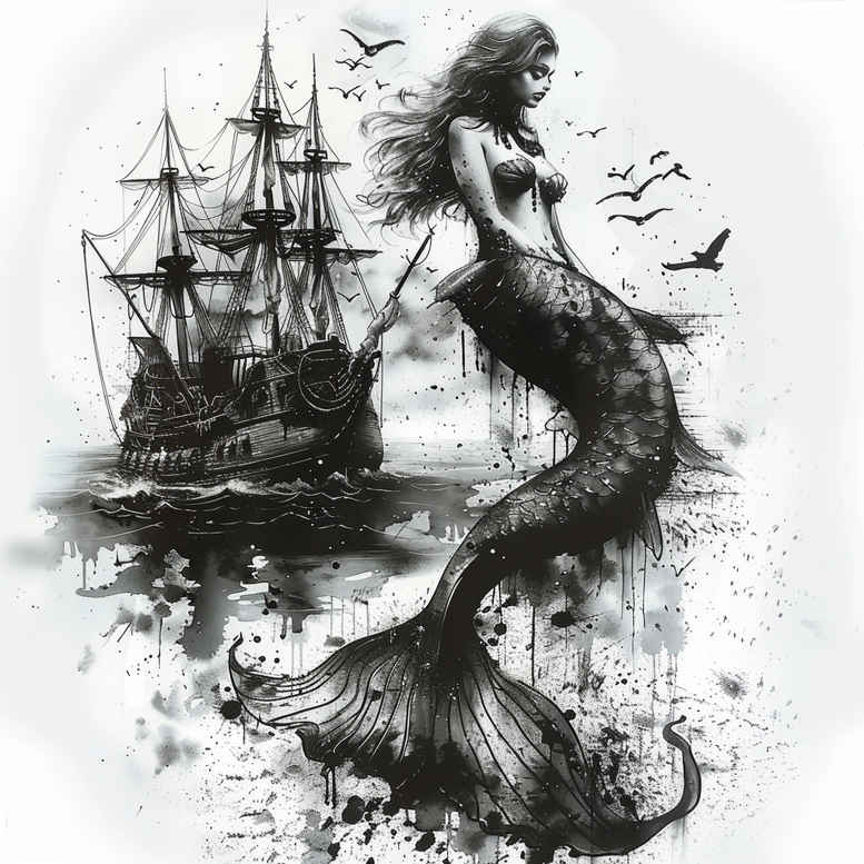 mermaid-with-wavy-lines-neotraditional-solid-blacks-for-full-back – tattoo design ideas free ai generated – Gallery: mermaids-inkby-ai