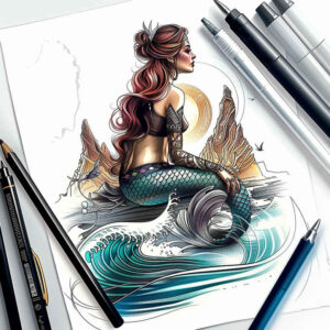 mermaid-with-feathers – tattoo design ideas free ai generated – neotraditional-modern-classic – for-foot – Gallery: mermaids-inkby-ai