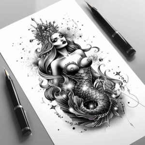mermaid-with-flowers – tattoo design ideas free ai generated – neotraditional-artful-color – for-forearm – Gallery: mermaids-inkby-ai