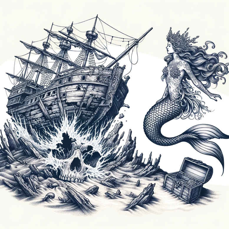mermaid-with-leaves – tattoo design ideas free ai generated – surrealism-altered-reality – for-side-torso – Gallery: mermaids-inkby-ai