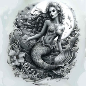 mermaid-with-light – tattoo design ideas free ai generated – realism-living-skin – for-upper-chest – Gallery: mermaids-inkby-ai