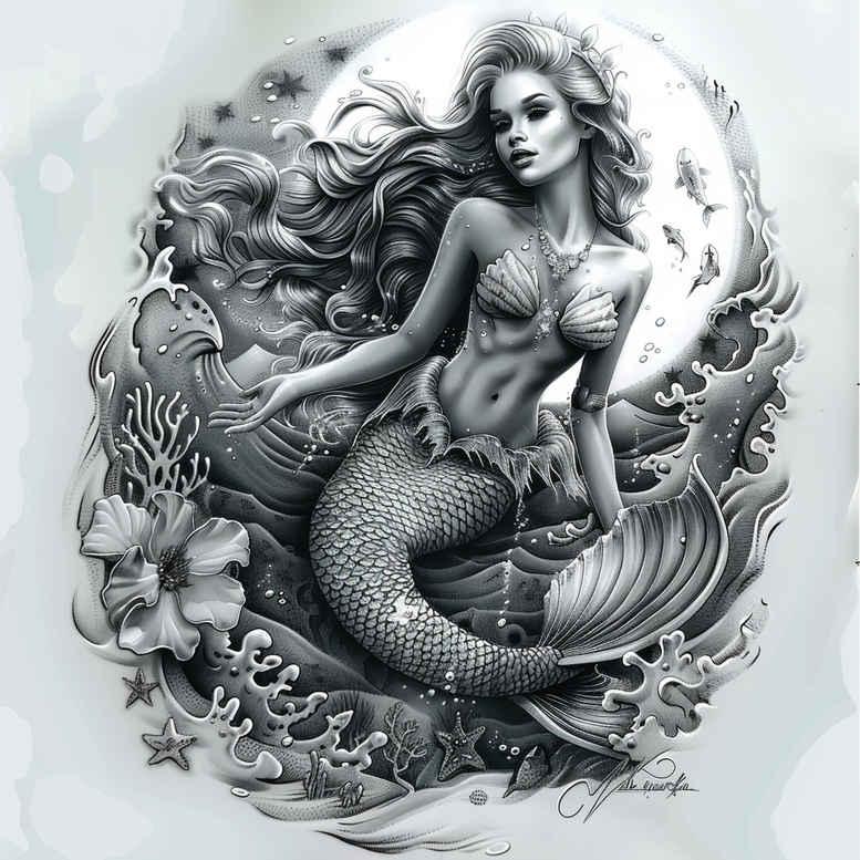 mermaid-with-light – tattoo design ideas free ai generated – realism-living-skin – for-upper-chest – Gallery: mermaids-inkby-ai