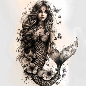 mermaid-with-ornament – tattoo design ideas free ai generated – neotraditional-dynamic-color – for-knee – Gallery: mermaids-inkby-ai