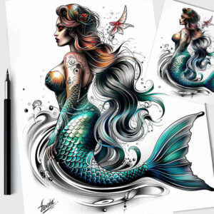 mermaid-with-shading – tattoo design ideas free ai generated – neotraditional-dynamic-color – for-ribs – Gallery: mermaids-inkby-ai
