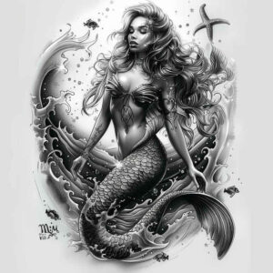 mermaid-with-stars – tattoo design ideas free ai generated – neotraditional-refined-lines – for-arm – Gallery: mermaids-inkby-ai
