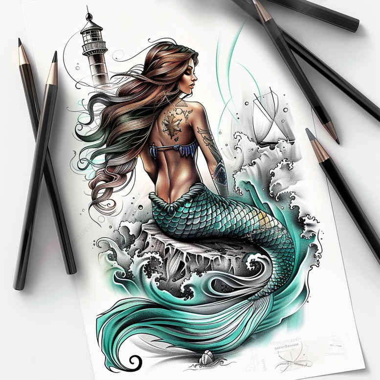 mermaid-spiritual-tattoo-neotraditional-dynamic-color-for-spine – tattoo design ideas free ai generated – Gallery: mermaids-inkby-ai
