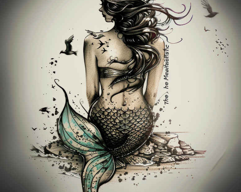 Mermaid silhouette in black and grey with teal tail; visible elements include mermaid, tail, hair, bird, water, splash; project concept, suitable for a cover-up.