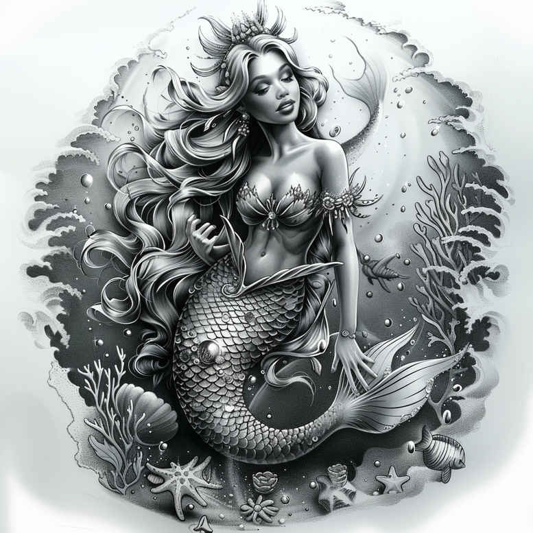 mermaids tattoo design ideas Realism reflective light ethereal for back shoulder
