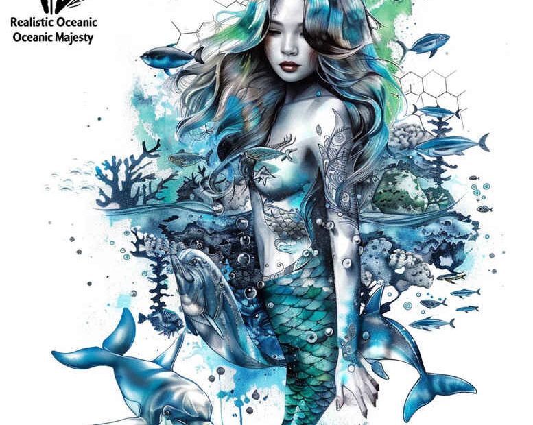 Mermaid with flowing blue hair underwater, dolphins, and water swirls; color illustration; project idea; suitable for a cover-up.