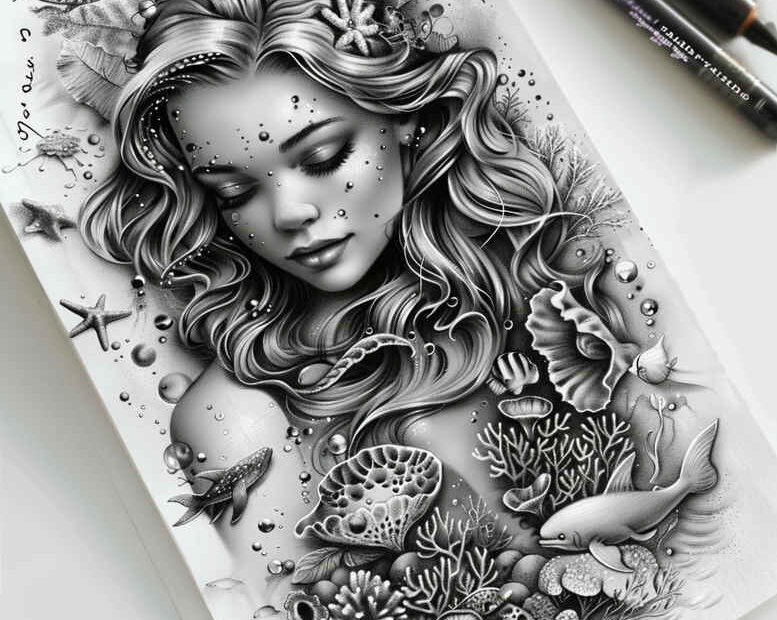 Black and grey tattoo project: female portrait with rose, leaves, flowers, and koi fish; a grayscale study ideal as a cover-up concept.