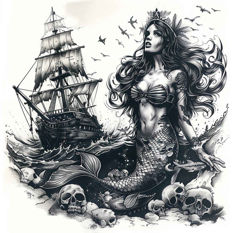 mermaids tattoo design ideas Realism subtle gradients ocean waves for upper arm