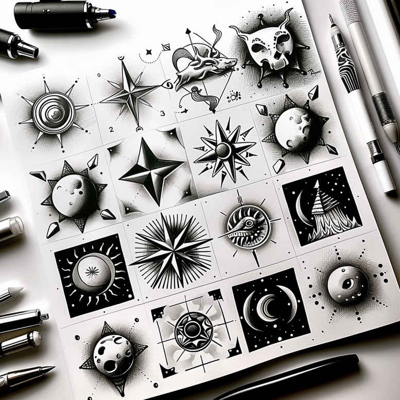 delicate – tattoo design ideas free ai generated – cosmic-order – for-lower-leg – Gallery: minimalistic-inkby-ai