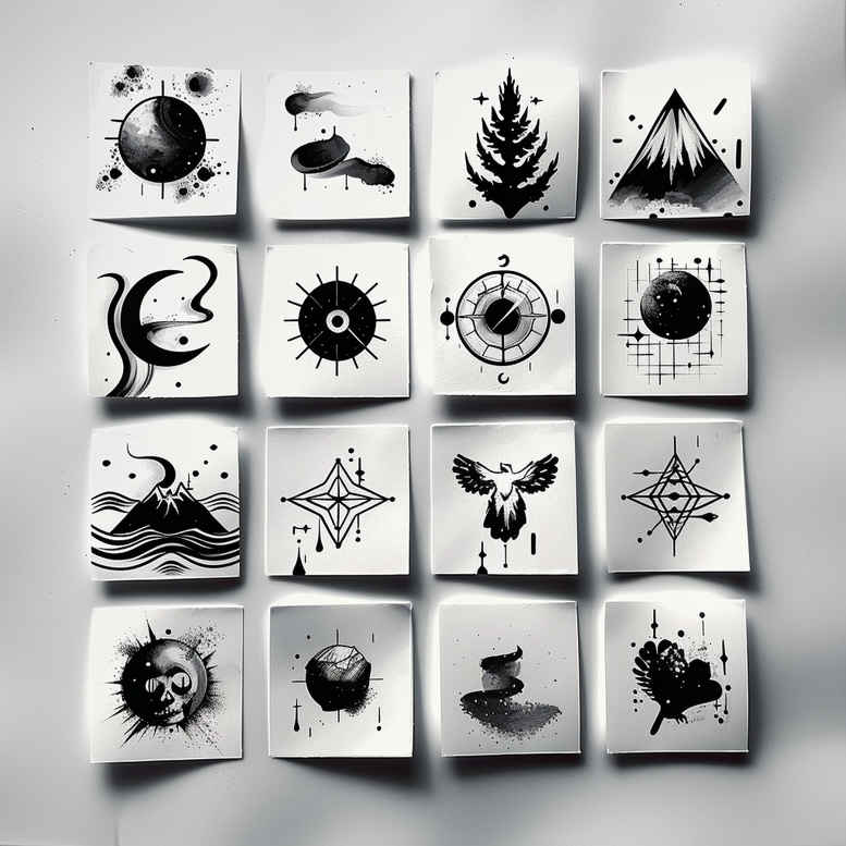 A grid of minimalist black and grey tattoo flash on white paper, featuring sun, leaf, mountain, eye, star, butterfly, and flower motifs; project idea.