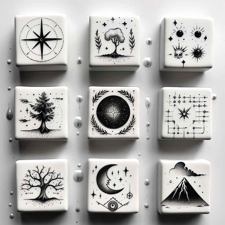 Nine minimalist black and grey square tattoo designs on a white background, featuring compass, trees, moon, stars, sun, and mountains; project concept, not colored, not intended for cover-up.