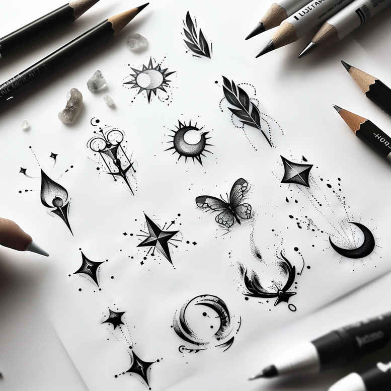 Black and grey minimalist linework tattoo sketch on white paper featuring stars, crescent moons, and a butterfly; AI-generated project idea.
