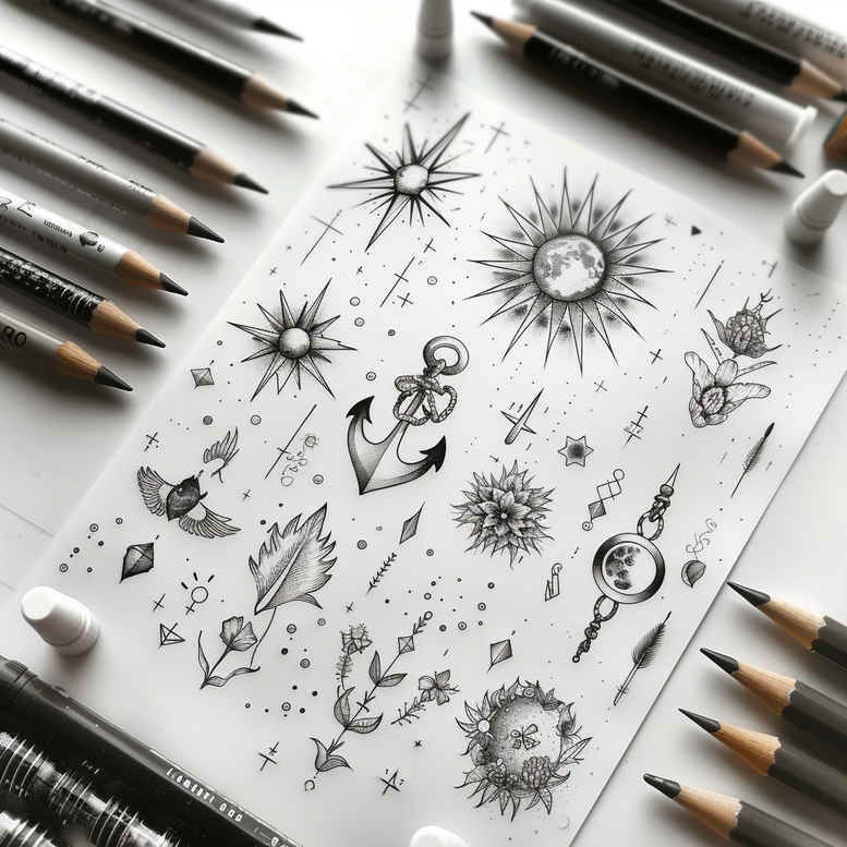 Black and white linework tattoo design featuring sun, stars, planets, moon, rocket, and a small figure in a minimalist sketch style; a project idea.