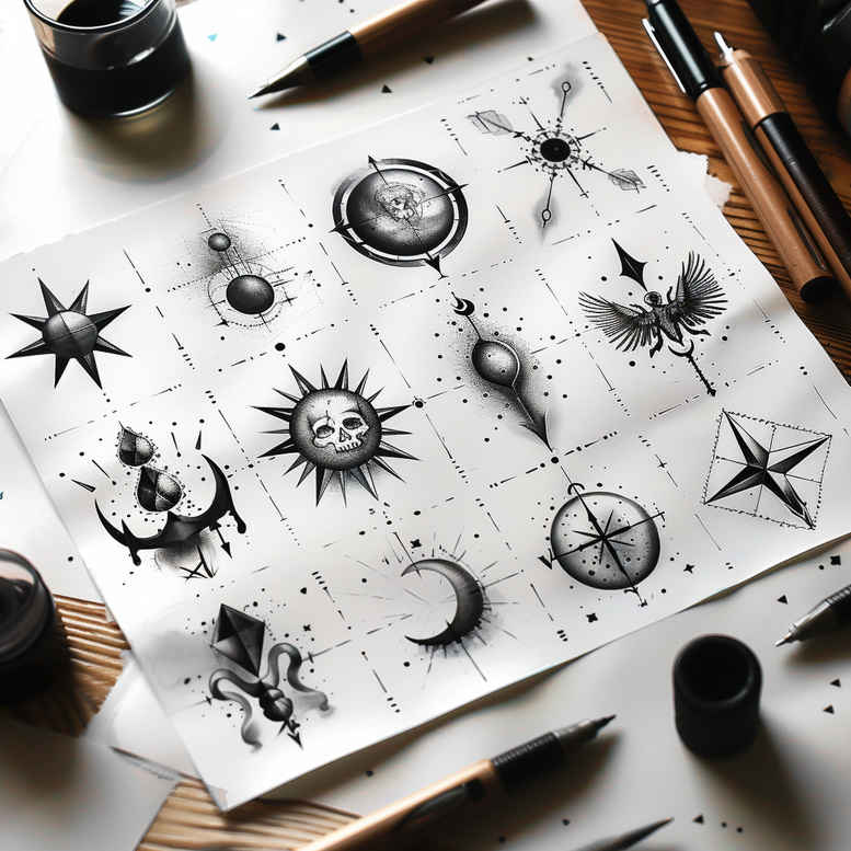 Black and grey tattoo sketch on white paper; minimalist project idea showing sun, crescent moon, stars and compass-inspired circles, not intended for cover-up.