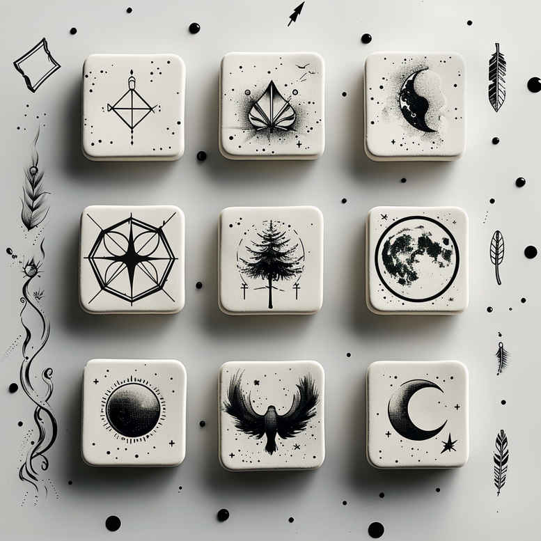 Nine black and grey minimalist tattoo blocks arranged in a 3x3 grid, featuring diamond, mandala, crescent, star, tree, flower, infinity, bird, and circle; project concept.