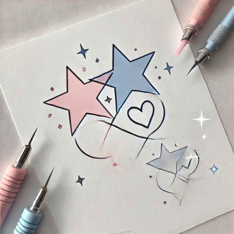 Color tattoo design concept with pastel pink star, blue star, heart inside a circle and curved lines; minimalist fine line style; project/idea; not specifically suited for cover-up.
