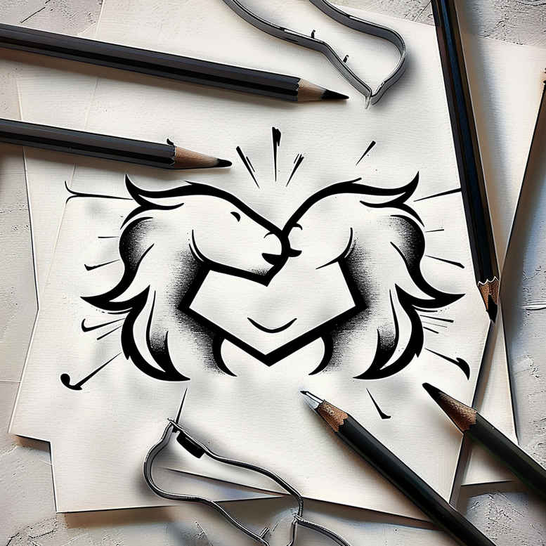 Two black line faces forming a heart on white paper; black ink, minimalist line art tattoo design idea; concept sketch showing a potential tattoo concept.