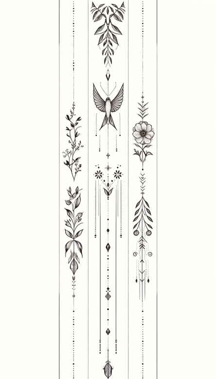 Black and white fine line floral spine tattoo design, minimalist vertical botanical column for a project idea.